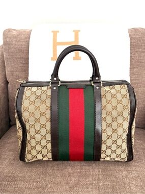 Authentic Gucci Boston satchel bag monogram canvas brown leather with strap